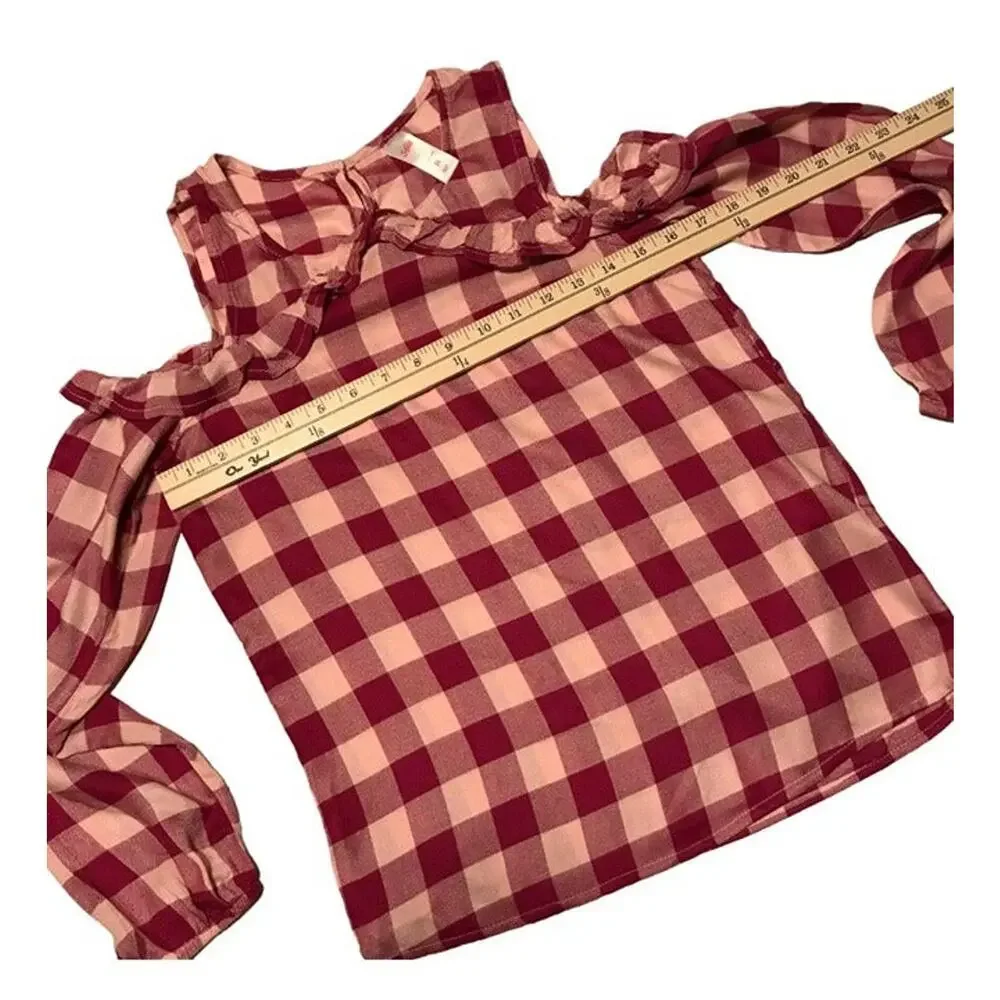 Western Gingham Plaid Cold Shoulder Long Sleeve Blouse Pink Girls Size 14